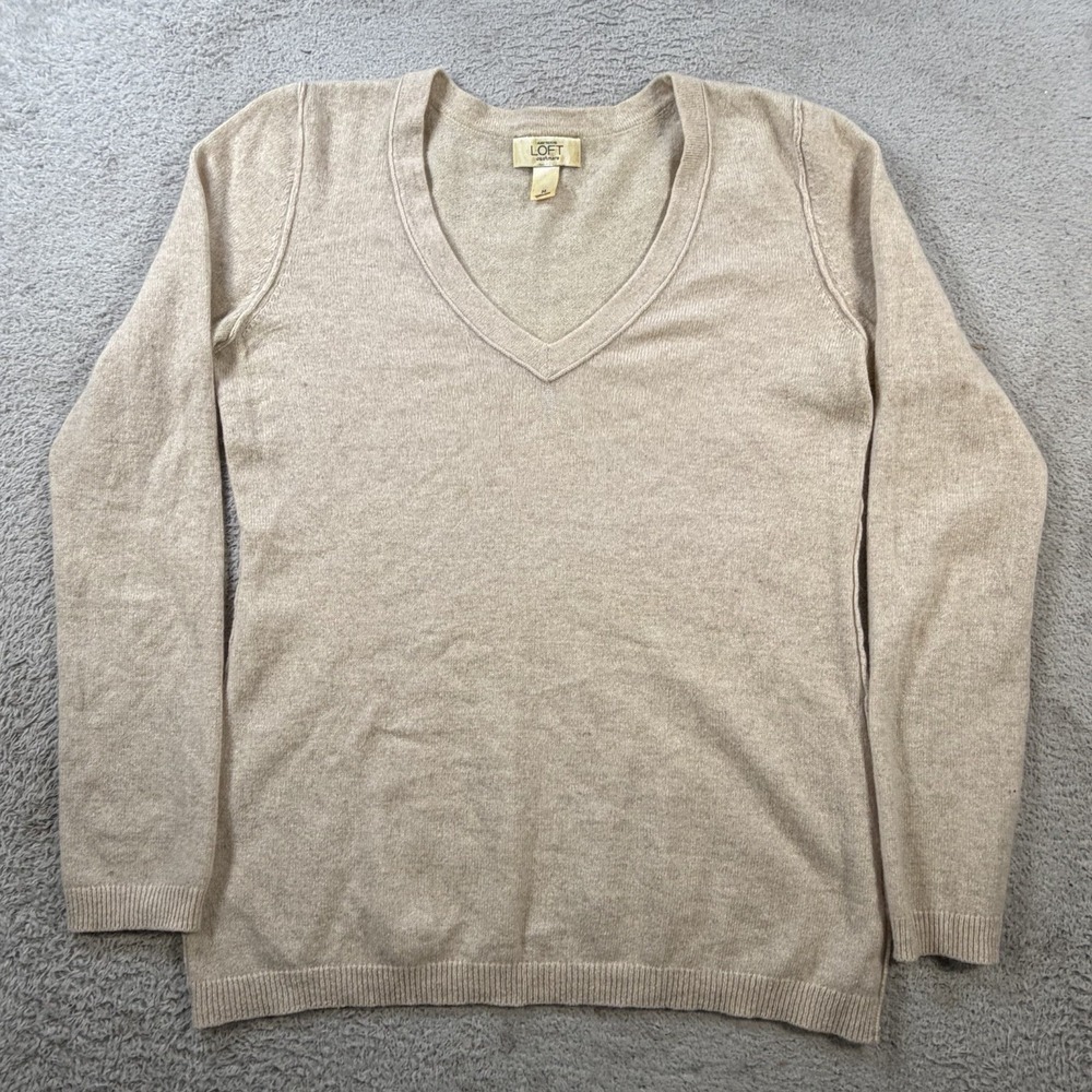 Ann Taylor Sweater Womens Small Beige 100% Cashmere V-Neck Pullover Soft
